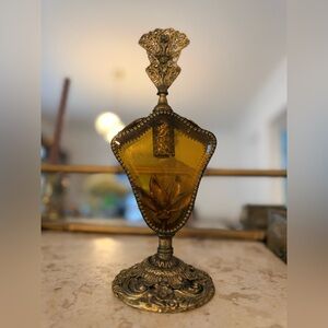 Vintage Ormolu Lotus Perfume Bottle Filigree Gold Plate With Amber Glass
